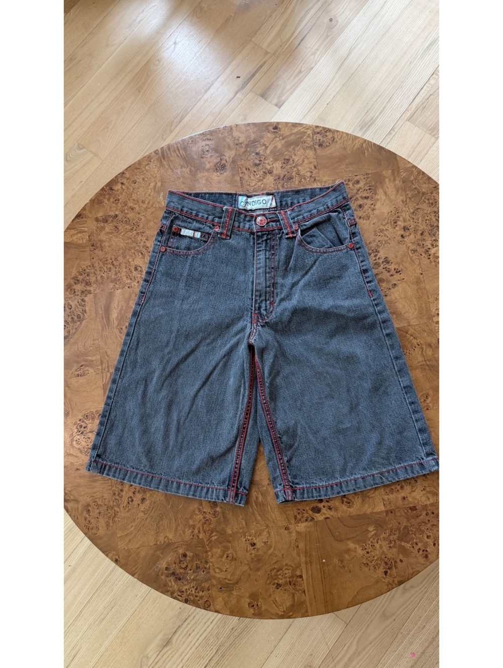 Indigo Gray Denim Shorts w Red Stitching and Dragon Painted detail, Size W14